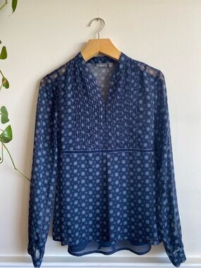 Apt. 9 Navy Sheer Patterned Blouse M | Velvet Tie Back Pintuck Pleated Top